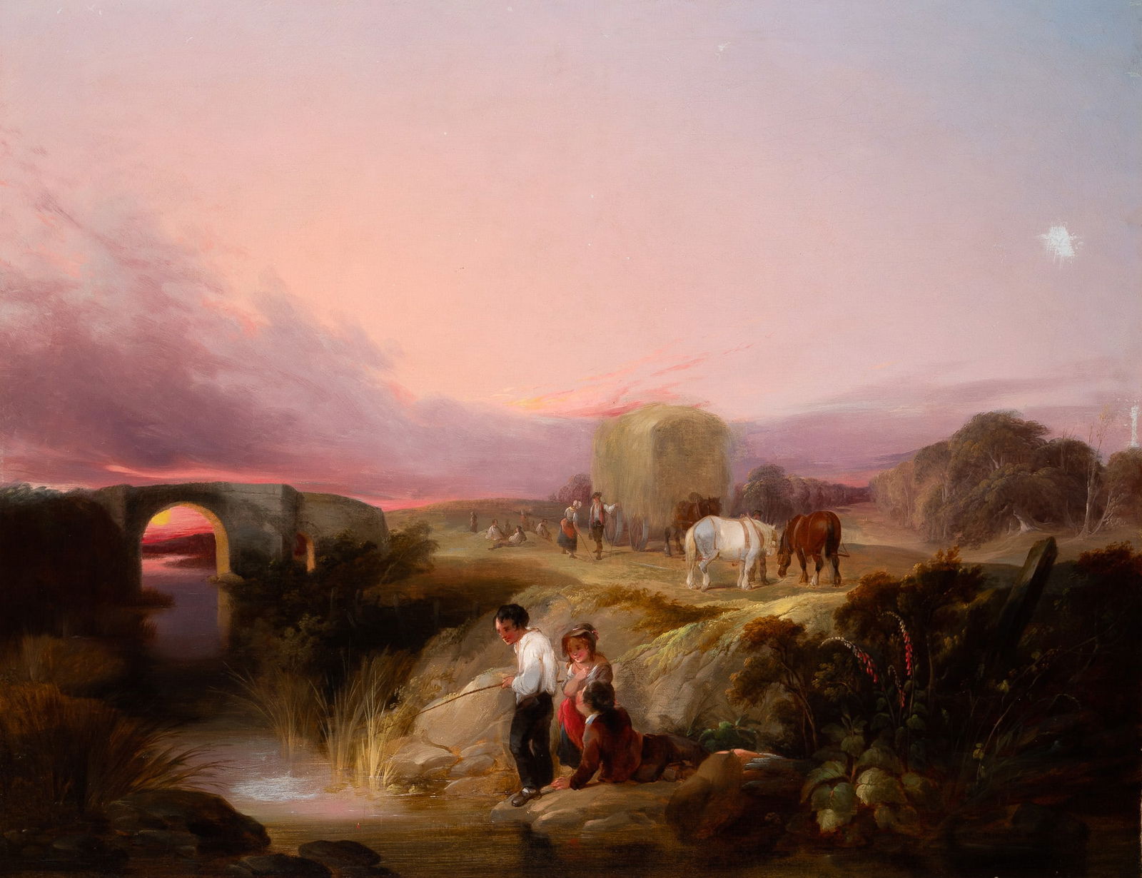 William Frederick Witherington RA: English, 1785-1865 Figures by a Stream at Sunset, 1855 Signed W. F. Witherington and indistinctly dated 185... (lr) Oil on canvas 28 1/4 x 36 1/4 inches (71.8 x 92.1 cm) Frame dimensions: 31 3/4 x 40