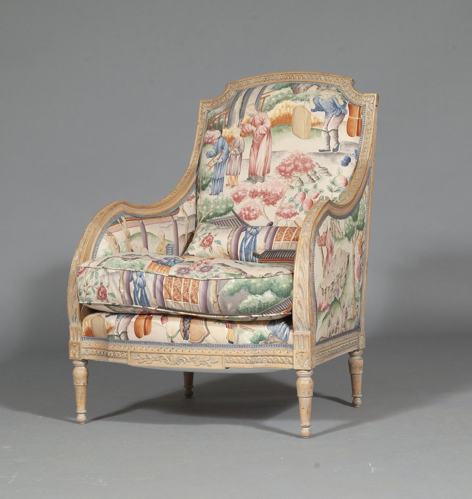 Louis XVI Style Oak Bergere: Estate / Collection: Property from the Collection of Alvin and Arlene Greenbaum . Height 37 1/2 inches, width 28 1/2 inches, depth of seat 21 inches.