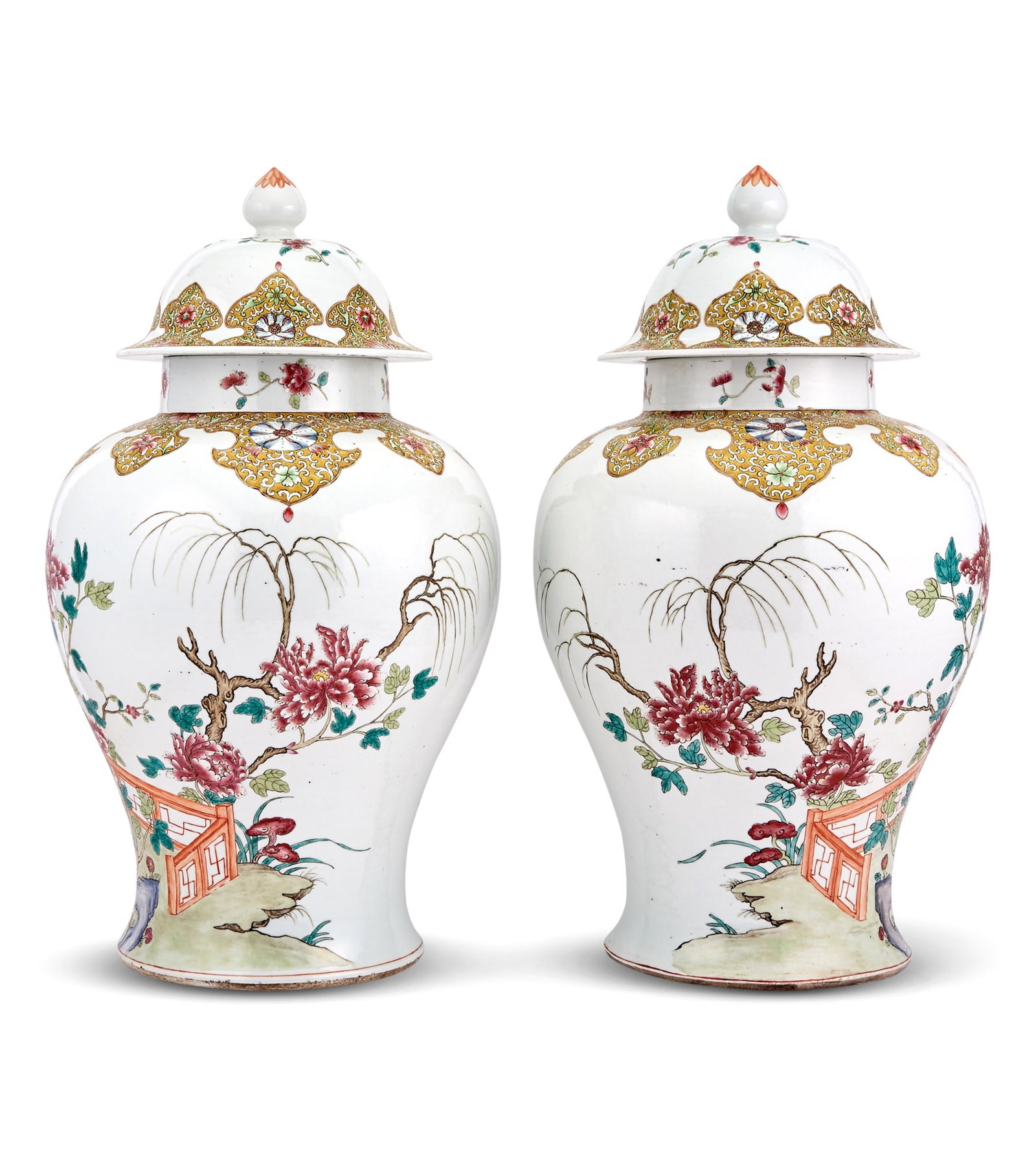 Pair of Continental Chinese Style Porcelain Jars With Covers: Height 24 inches.