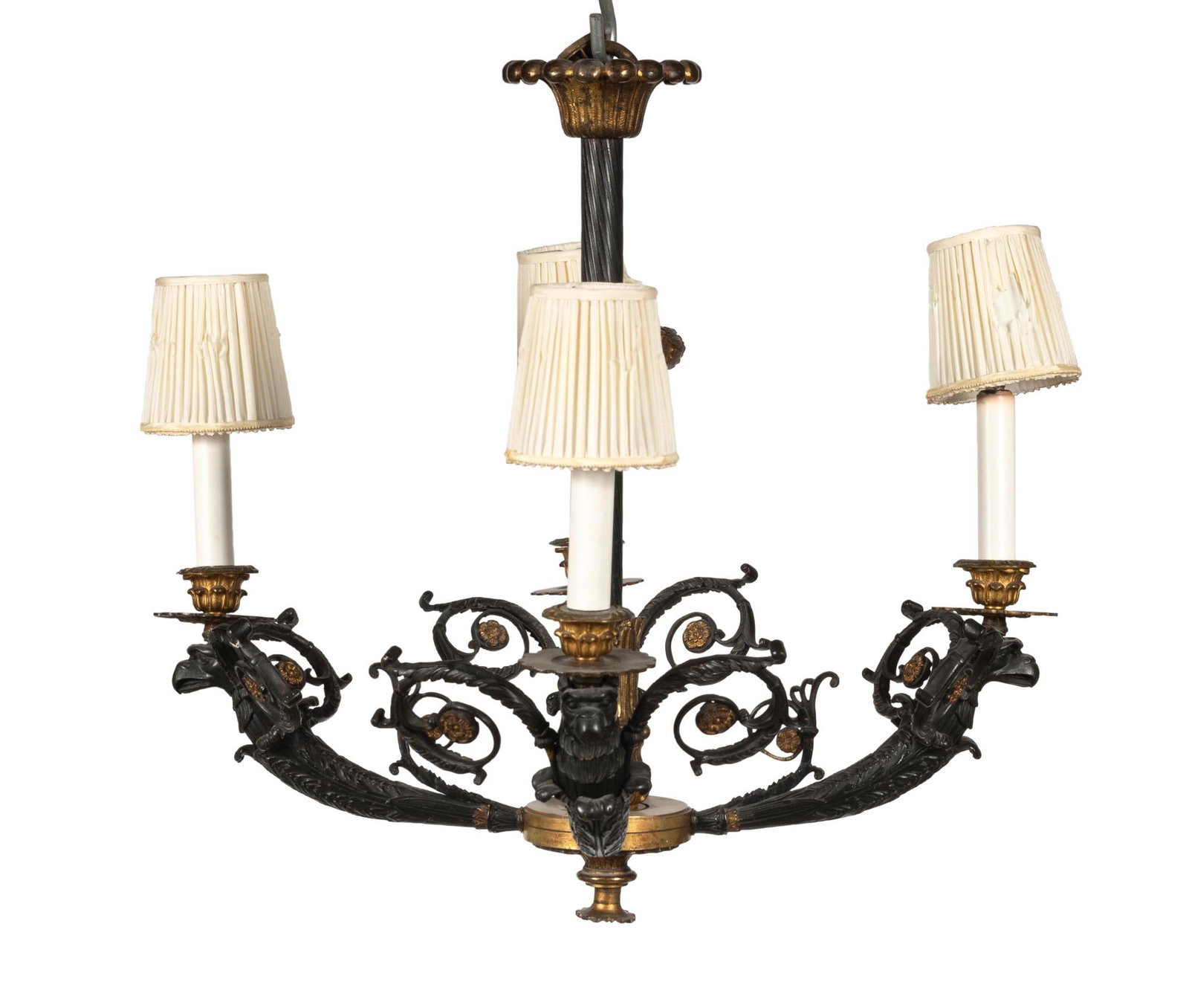 Empire Style Iron and Gilt-Metal Four-Light Chandelier: Estate / Collection: Property from the Collection of Alvin and Arlene Greenbaum Height 20 inches, diameter 21 inches.