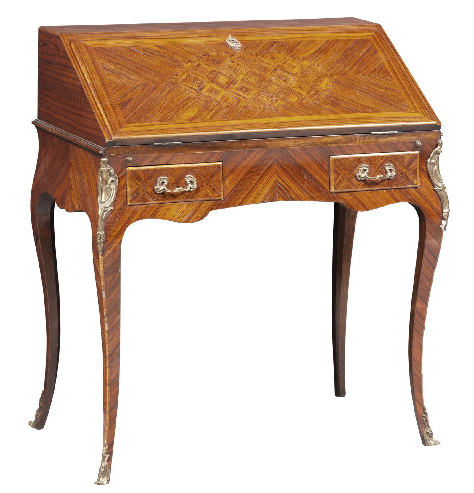 Louis XV Style Inlaid Kingwood Bureau en Pente: Estate / Collection: The Estate of a European Collector Height 37 inches, width 33 inches, depth 18 1/2 inches.