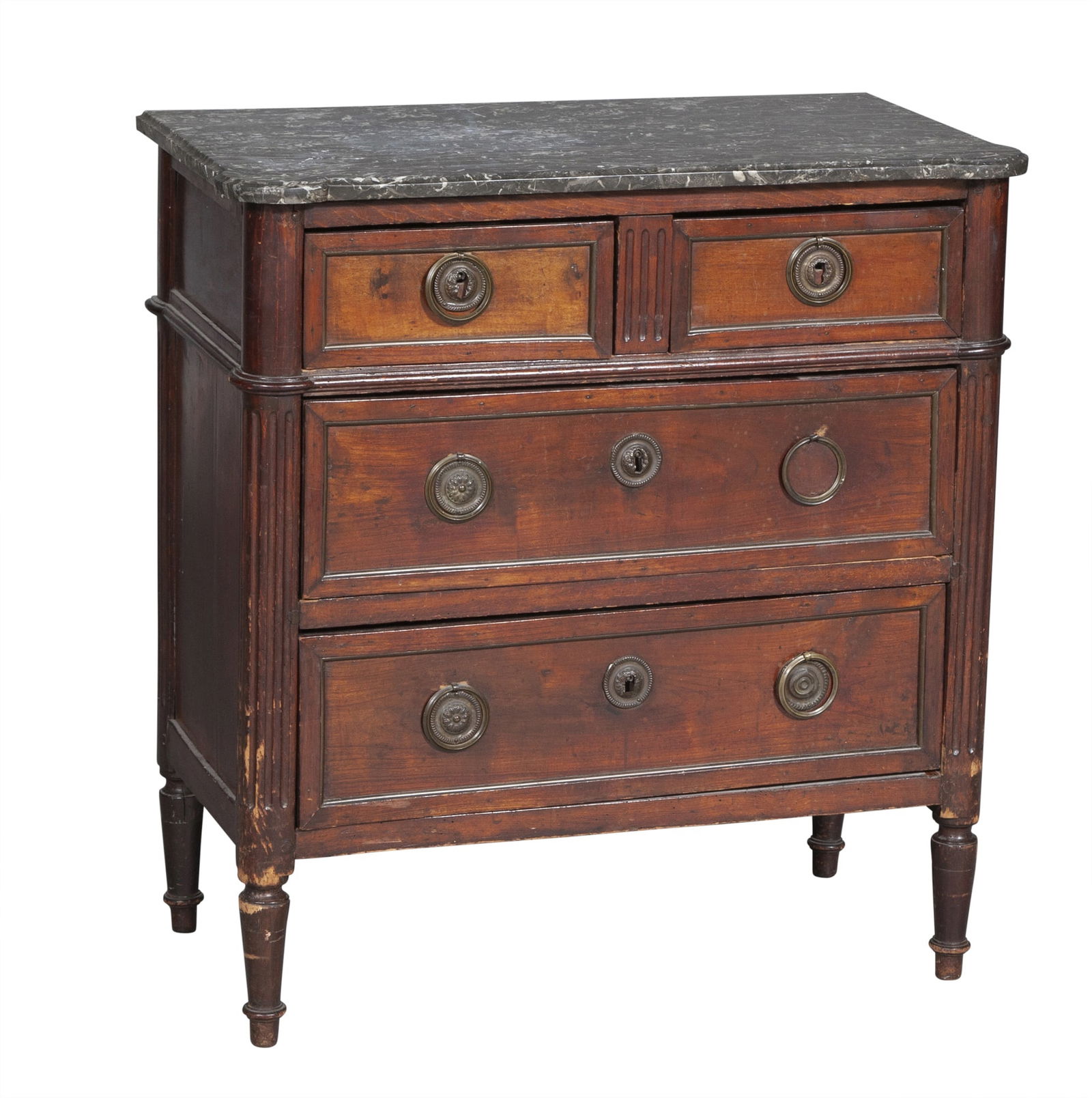 Louis XVI Marble Top Mahogany Commode: Height 34 inches, width 32 1/4 inches, depth 17 1/4 inches.