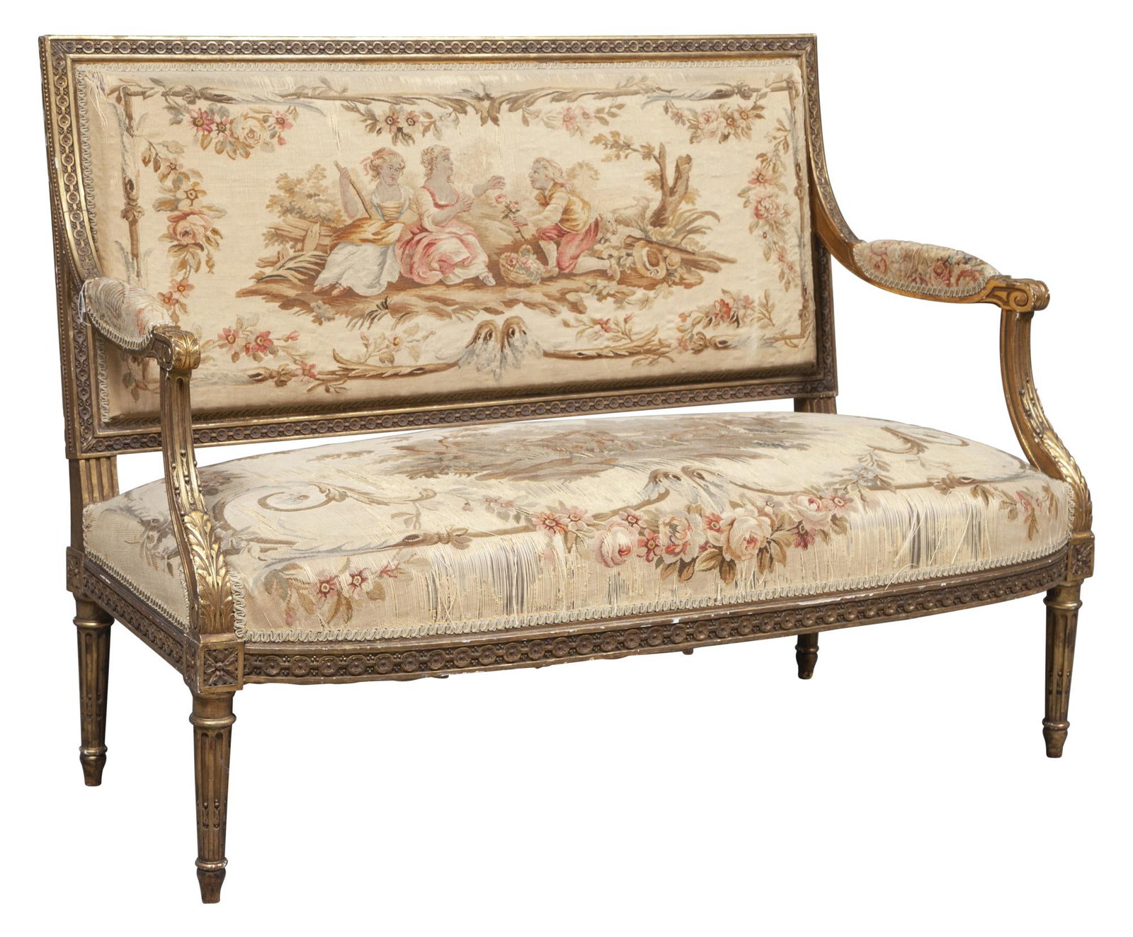 Louis XVI Style Tapestry Upholstered Giltwood Settee: Height 36 inches, length 51 1/2 inches, depth of seat 24 inches.