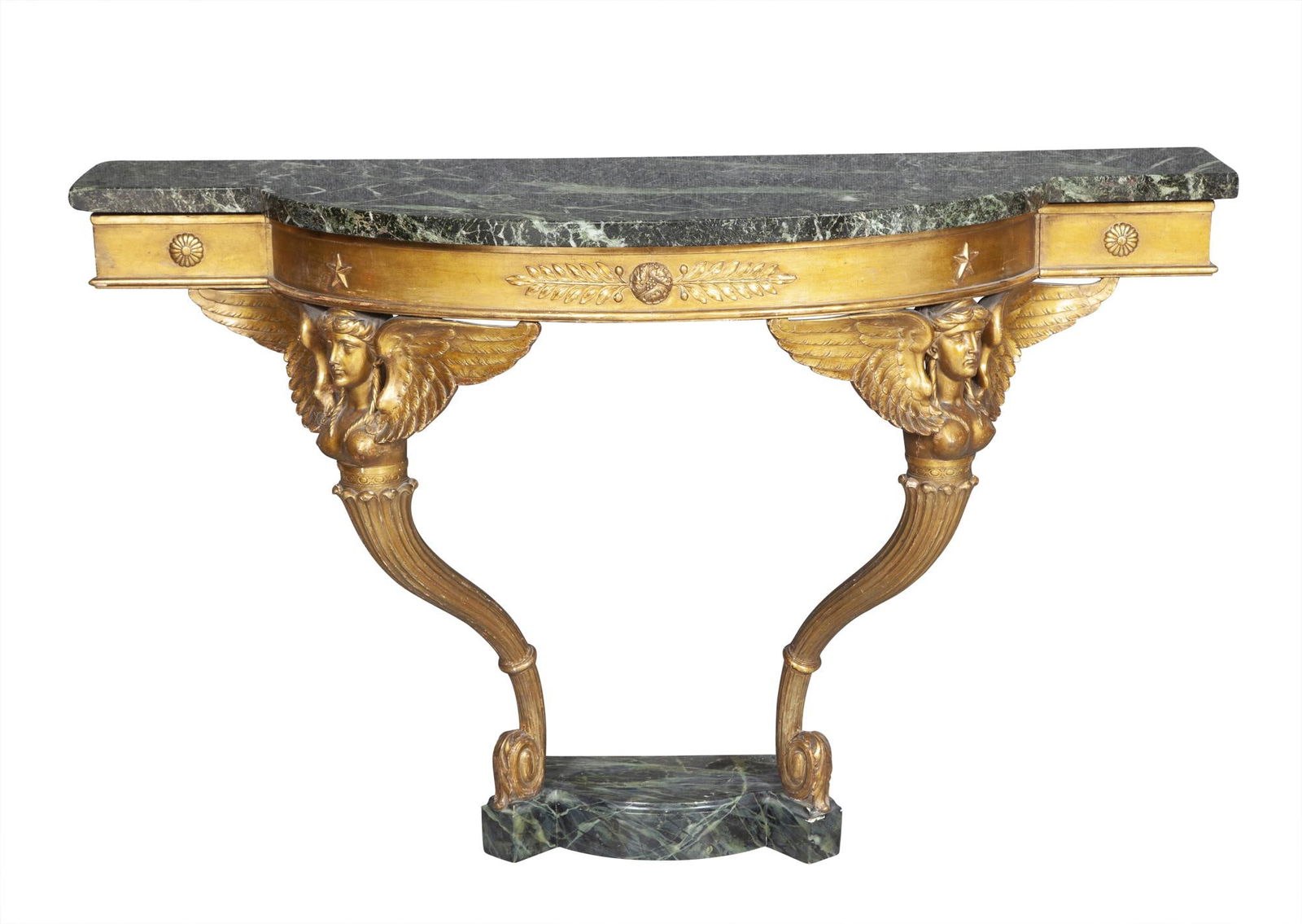 Empire Style Marble Top Giltwood Console: Estate / Collection: Property from the Collection of Alvin and Arlene Greenbaum Height 35 1/4 inches, width 55 1/2 inches, depth 20 1/4 inches.