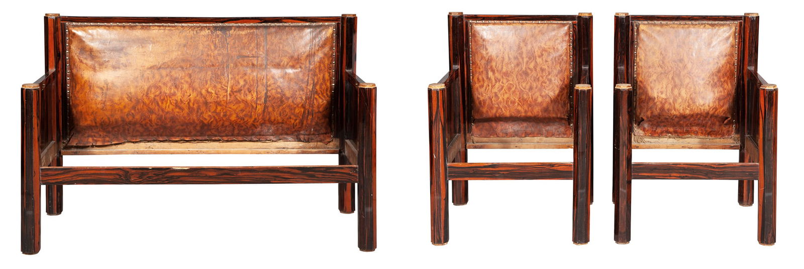 Art Deco Leather-Upholstered Calamander Three-Piece Salon Suite (1 of 15)