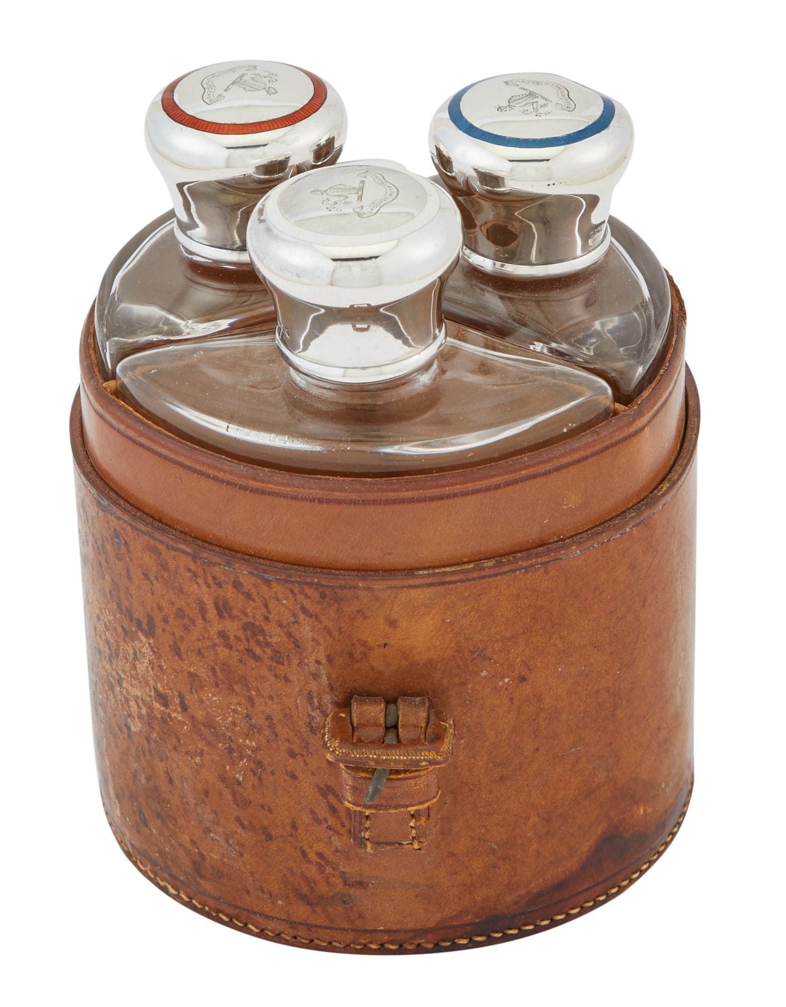 Edward VII Sterling Silver and Enamel Flasks: Estate / Collection: Property from The Estate of Donald D. MacDermid Sold to Benefit TASIS The American School In Switzerland Three triagular form bottles with silver and enamel caps, the caps engrave