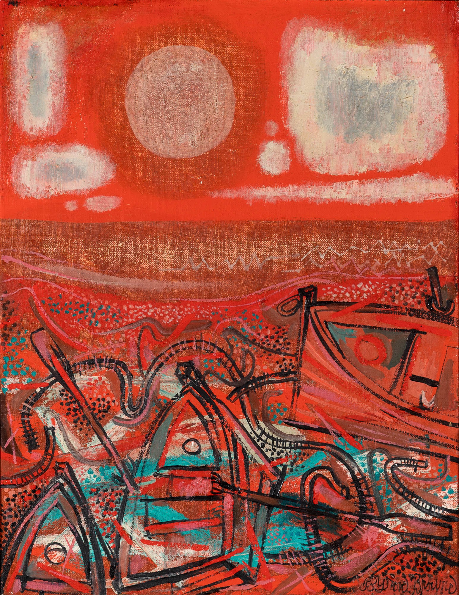 Byron Browne (American 1907-1961): American, 1907-1961 Boats, 1955 Signed Byron Browne (lr); signed, titled and dated on the reverse Oil on canvas 18 1/8 x 14 inches (46 x 35.5 cm) Frame dimensions: 28 3/8 x 24 inches