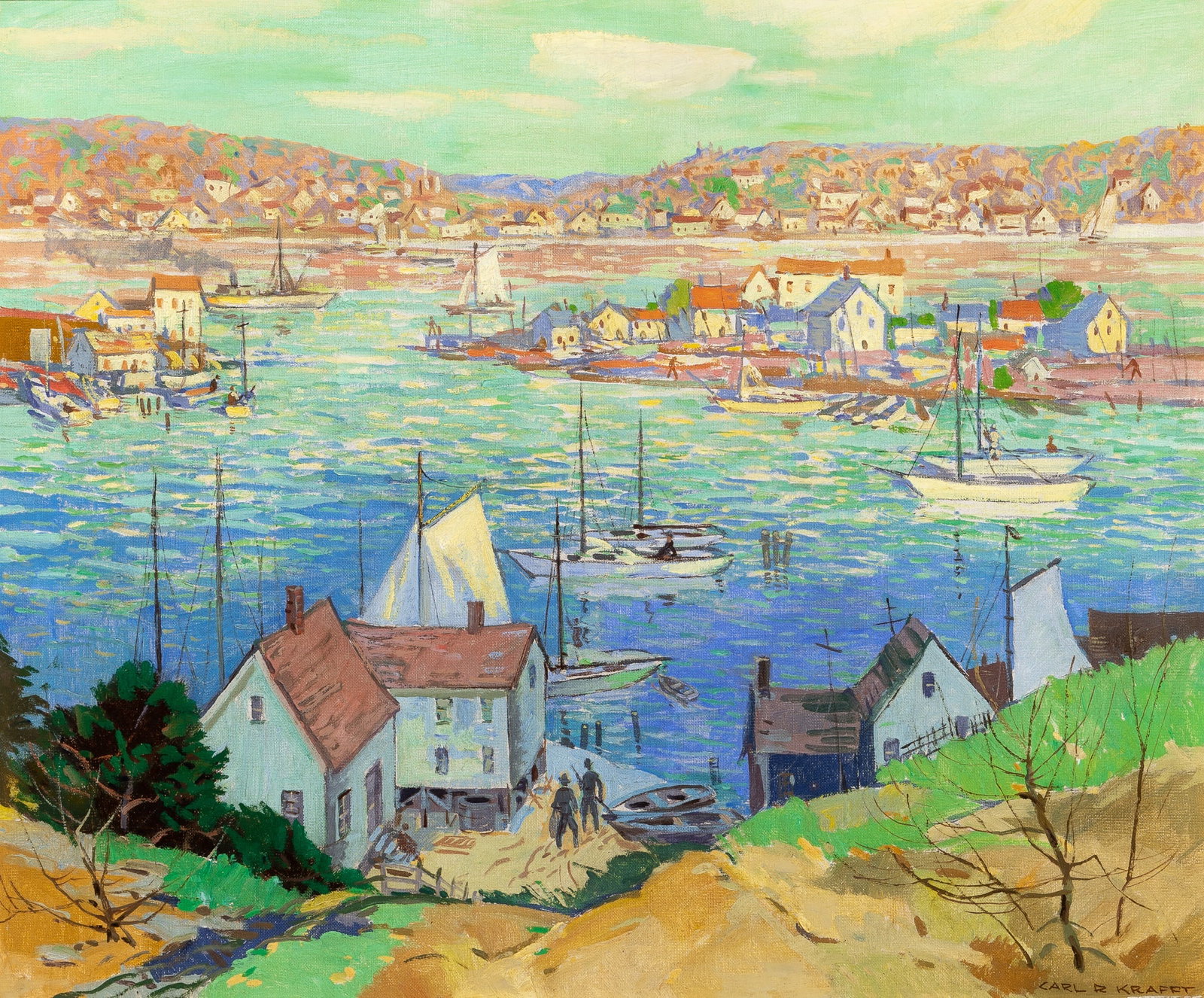 Carl Rudolph Krafft: American, 1884-1938 Port Scene, circa 1925 Signed CARL R. KRAFFT (lr) Oil on canvas 25 x 30 inches (63.5 x 76.2 cm) Provenance: Clarke Galleries, Stowe, VT Frame dimensions: 33 5/8 x 38 3/8 inches