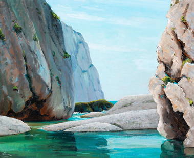Anthony Thieme: American 1888-1954 Cala Calobra, Torrent de Pareis, Mallorca, Spain Signed a Thieme (ll); inscribed Cala "Calobra", Torrent de Paruyo, Mallorca, Spain/52 A.S. on the reverse Oil on canvas 24 x 29 1/8