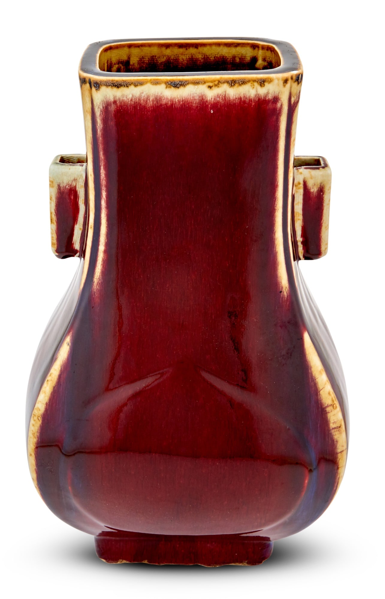 A Chinese Flambe Glazed Porcelain Hu Vase Yongzheng mark, Qing Dynasty: Of typical stout form and with squared lug handles at neck. Height 15 1/2 inches