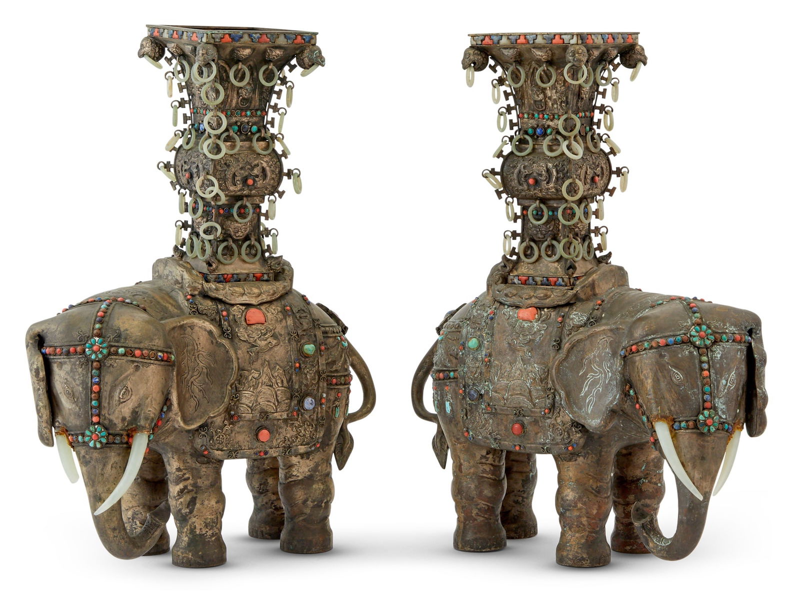 A Pair of Chinese White Metal and Jade Elephants Late Qing Dynasty (1 of 6)