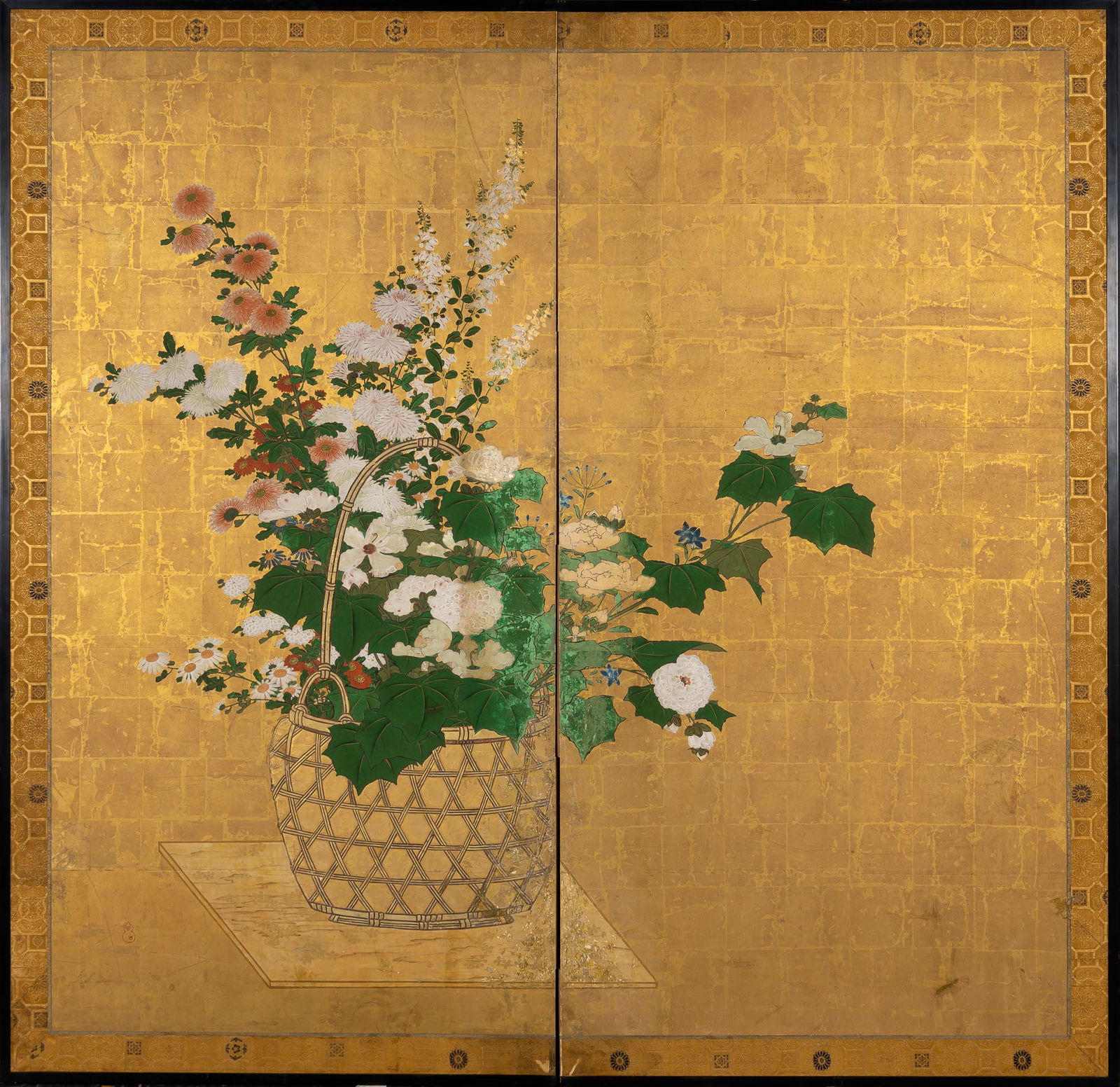 An Important Japanese Two-Panel Screen by Kano Tan'yu: Estate / Collection: Property from the Estate of an Upper West Side Lady Ink and color on gold paper, depicting a flower basket. Height 69 inches