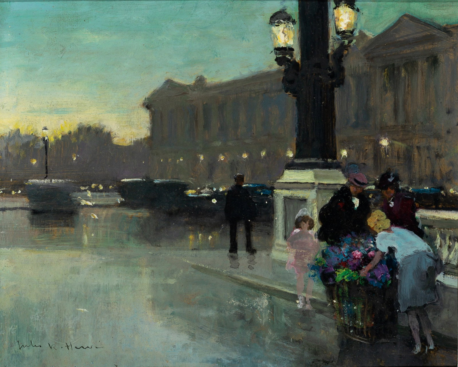 Jules-René Hervé: French, 1887-1981 Crépuscule, Place de la Concorde, Paris, 1950 Signed Jules R. Hervé (ll); further signed, dated 1950, and inscribed as titled on the reverse Oil on board 8 3/4 x 10 5/8 inc