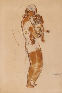 William Meyerowitz: American, 1887-1981 Mother and Child Signed Wm Meyerowitz (lr) Pen and brown wash over pencil on paper Sight 15 1/2 x 10 1/2 inches (39.4 x 26.7 cm) Provenance: Private collection, acquired directly f