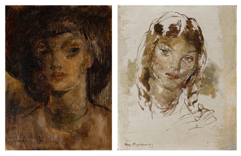 William Meyerowitz: American, 1887-1981 Portraits : two works Each signed Wm Meyerowitz (ll) Each oil on canvasboard Larger 14 1/4 x 12 inches (36.2 x 30.5 cm) Provenance: Private collection, acquired directly from the a