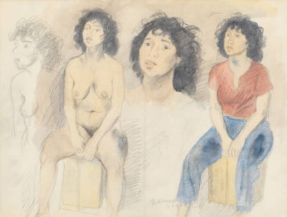 Raphael Soyer: American, 1899-1987 Figure Studies Signed Raphael Soyer (lc) Watercolor and pencil on paper Sight 16 1/4 x 21 1/4 inches (41.3 x 54 cm) Frame dimensions: 22 x 27 1/4 x 1 1/2 inches