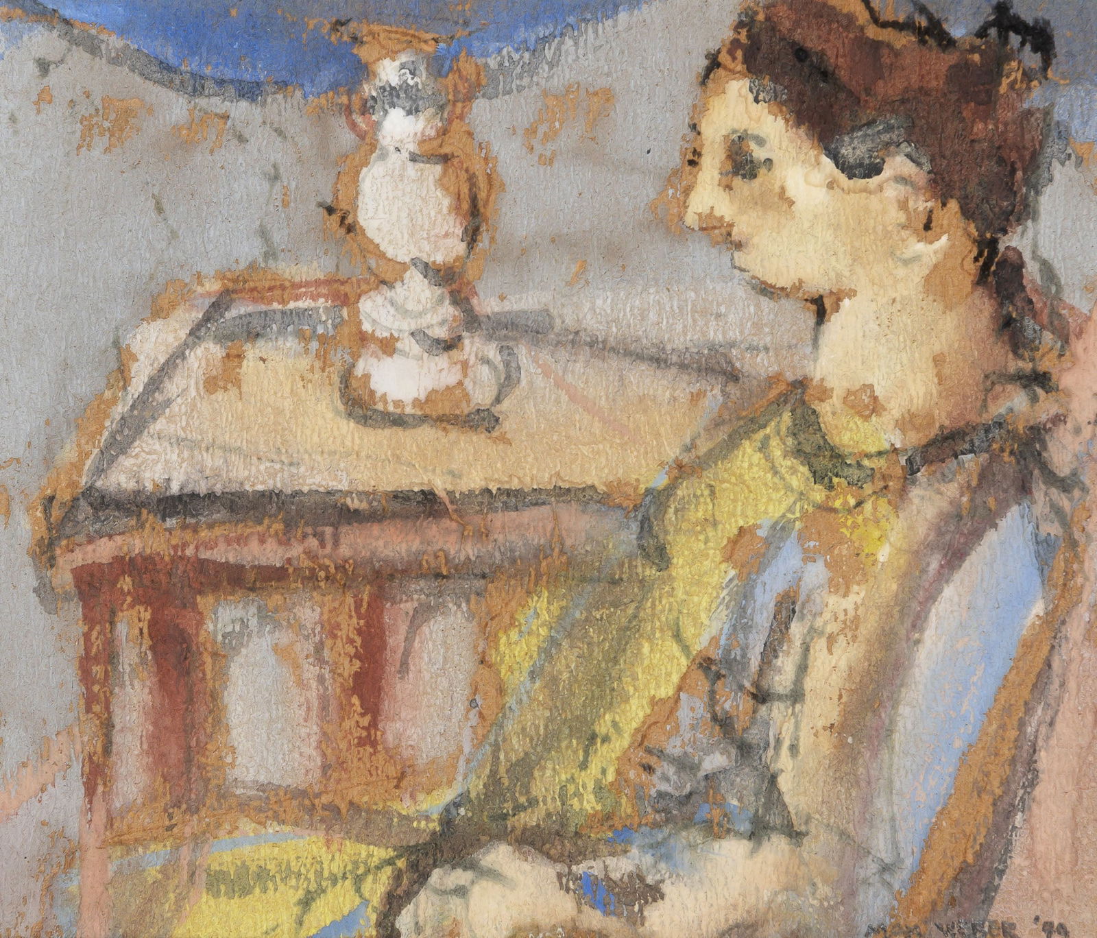Max Weber: Russian/American, 1881-1961 Woman and Vase, 1949 Signed and dated Max Weber '49 (lr) Gouache on paper laid on card Sight 4 x 4 3/4 inches (10.2 x 12.1 cm) Provenance: The Downtown Gallery, New York <