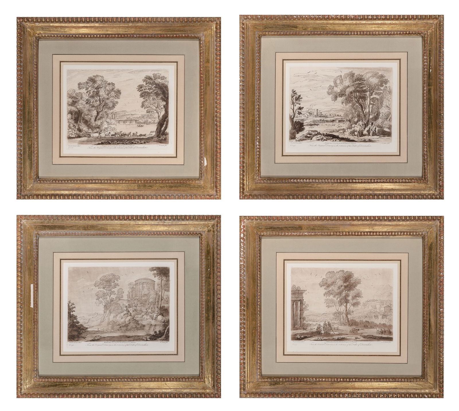 After Claude Lorrain (1604–1682): [PASTORAL ANDSCAPES] Four mezzotints by Richard Earlom from Liber Veritatis; or A Collection of Prints, After the Original Designs of Claude Le Lorrain . . ., 1774-77, published by John Boydell, frame