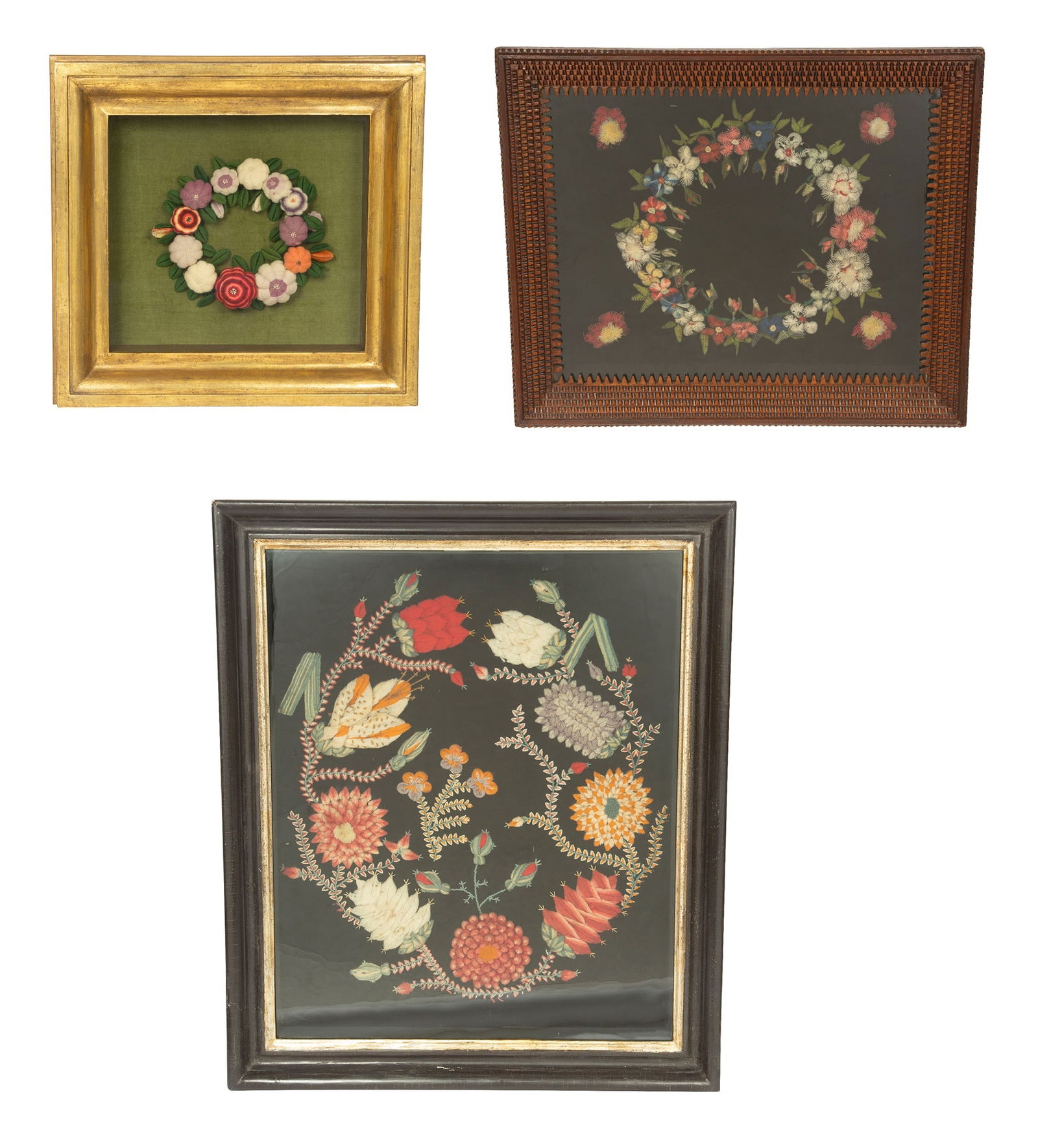 Three Framed Woolwork Flower Pictures (1 of 6)