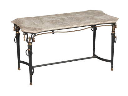 Art Deco Marble Top Parcel-Gilt Iron Side Table: Estate / Collection: The Property of a Private Tuxedo Park Collection Height 21 3/4 inches, width 40 1/2 inches, depth 20 3/4 inches.