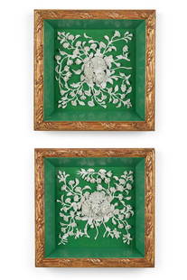Pair of French White Parian Porcelain Floral Spray Diorama Wall Plaques: Mounted in giltwood shadow boxes. 16 inches, square, depth 4 3/4 inches.
