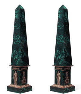 Pair of Empire Style Gilt Bronze Mounted Malachite Veneered Obelisks 19th Century: Height 31 inches, width 6 1/2 inches.
