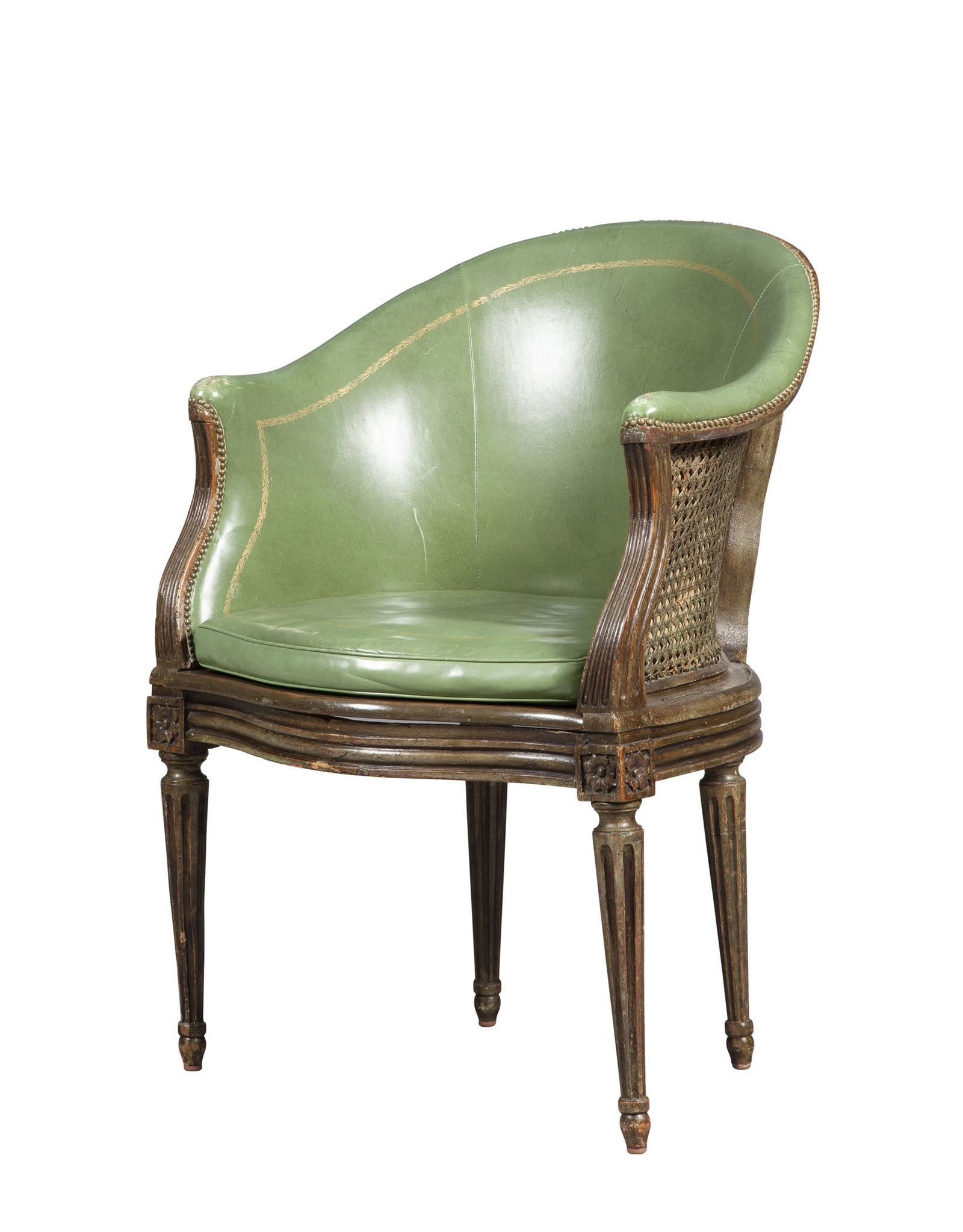 Louis XVI Leather Painted Bergere: Estate / Collection: The Property of a Private Tuxedo Park Collection Height 32 1/2 inches, width 23 inches, depth of seat 17 1/2 inches.
