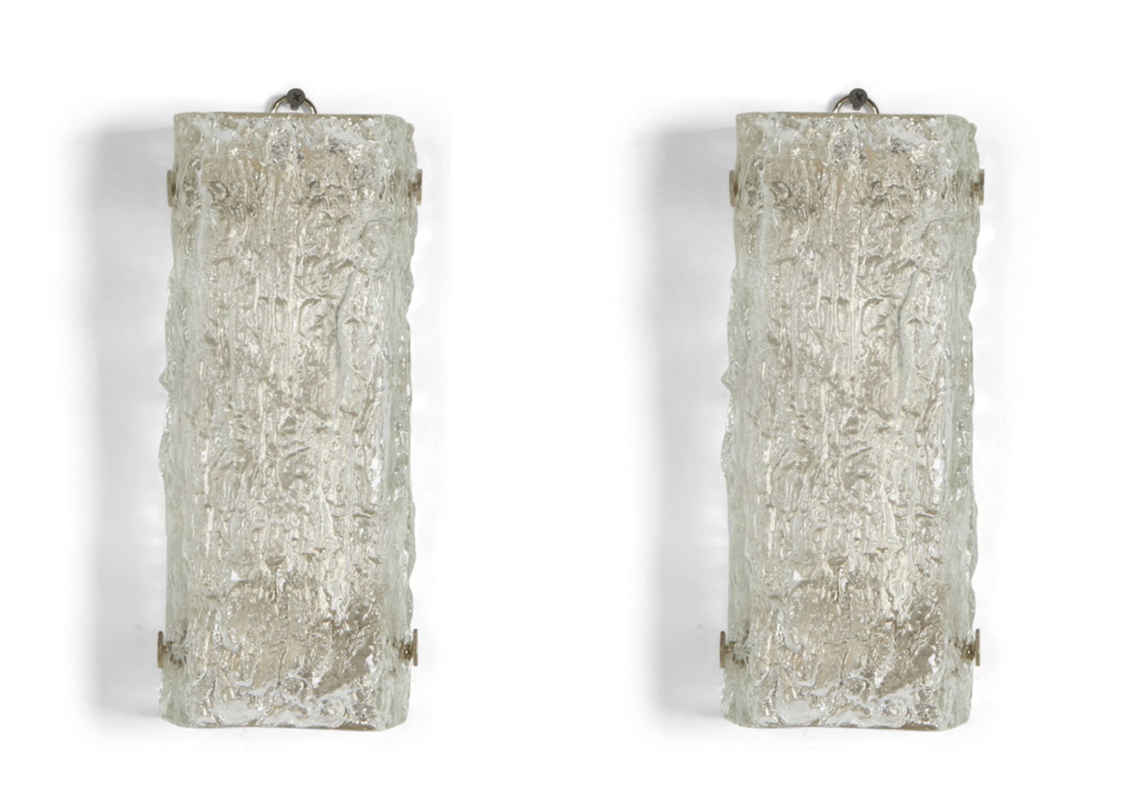 Pair of Carl Fagerlund for Orrefors Glass and Nickel Sconces Mid-century: Height 10 1/2 inches, width 4 1/4 inches, depth 2 3/4 inches.