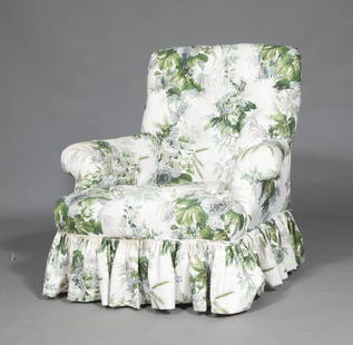 Floral Upholstered Club Chair: Estate / Collection: Property from an East Hampton Collector Upholstered in Cowtan & Tour's Longbourn linen. Height 36 inches, width 33 inches, depth of seat 23 inches.