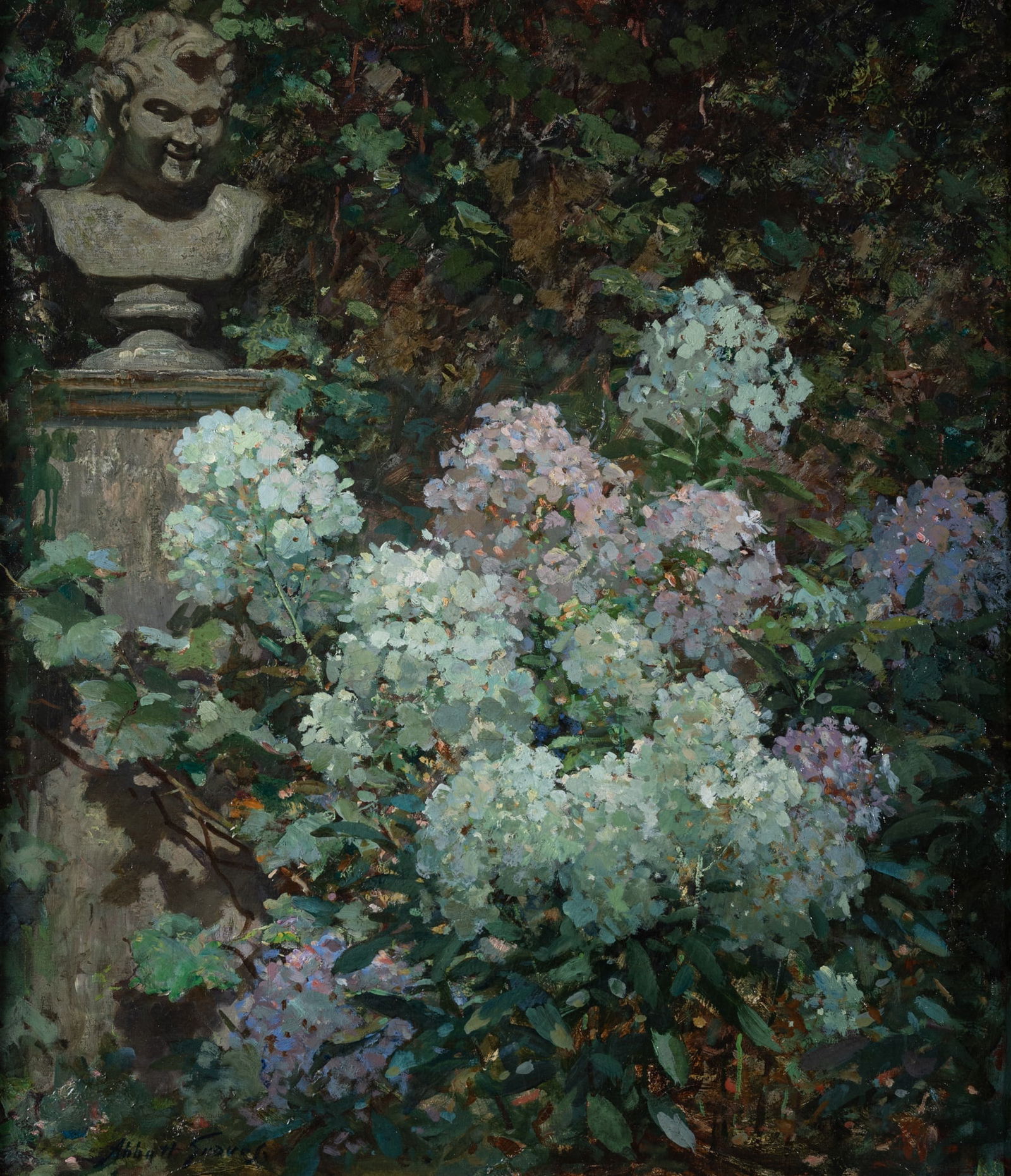 Abbott Fuller Graves: Estate / Collection: Property form a Cape Elizabeth Collector American, 1859-1936 Hydrangeas in the Sculpture Garden Signed Abbott Graves (ll) Oil on canvas 27 1/2 x 24 inches