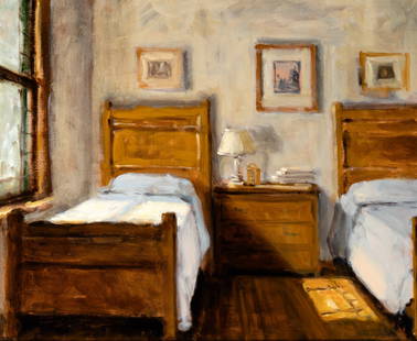 Joan Griswold: American, b. 1954 Two Beds, 1994 Signed JG (lr); inscribed Joan Griswold and titled on the stretcher Oil on canvas 20 x 24 inches (50.8 x 61 cm) Provenance: Hoorn-Ashby Gallery, Nantucket, MA, acquire