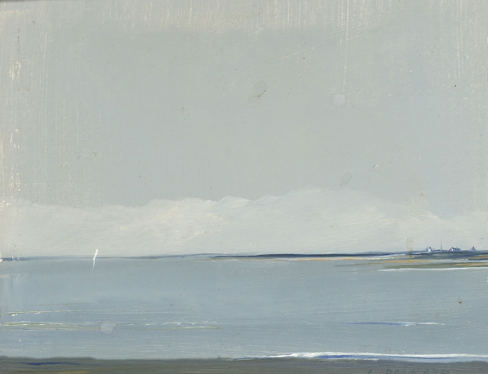 Anne Packard: American, b.1933 Lone Sail and Distant Cottage, circa 1975 Signed A. PACKARD (lr) Oil on board 4 x 5 inches (10.1 x 10.7 cm) Provenance: Diana Tead Michaelis, acquired directly from the artistt; thenc
