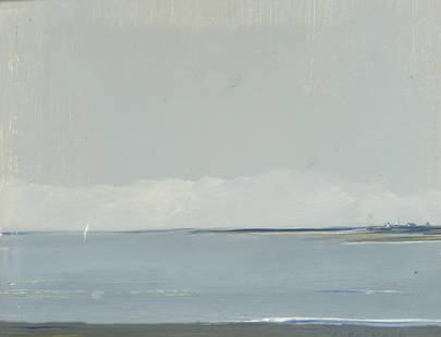 Anne Packard: American, b.1933 Lone Sail and Distant Cottage, circa 1975 Signed A. PACKARD (lr) Oil on board 4 x 5 inches (10.1 x 10.7 cm) Provenance: Diana Tead Michaelis, acquired directly from the artistt;