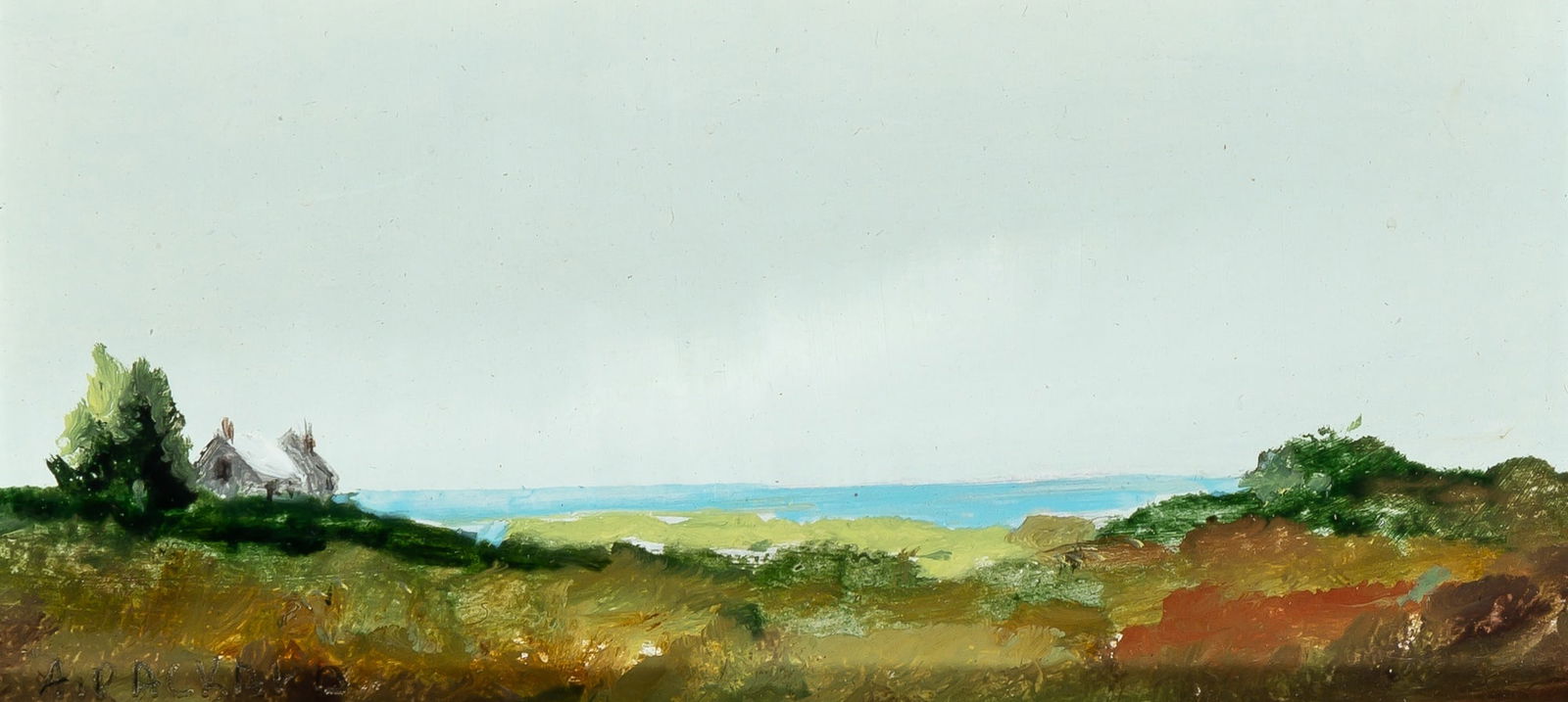 Anne Packard: American, b.1933 Cape Cod Cottage Overlooking the Sea, 1979 Signed A. PACKARD (ll) Oil on Masonite 3 x 6 inches (7.6 x 15.2 cm) Provenance: Diana Tead Michaelis, acquired directly from the artist; the