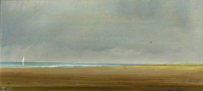 Anne Packard: American, b.1933 Lone Sail Beyond Sand Flats, circa 1977 Signed A. PACKARD (lr) Oil on board 3 x 6 inches (7.6 x 15.2 cm) Provenance: Diana Tead Michaelis, acquired directly from the artist's streetsi