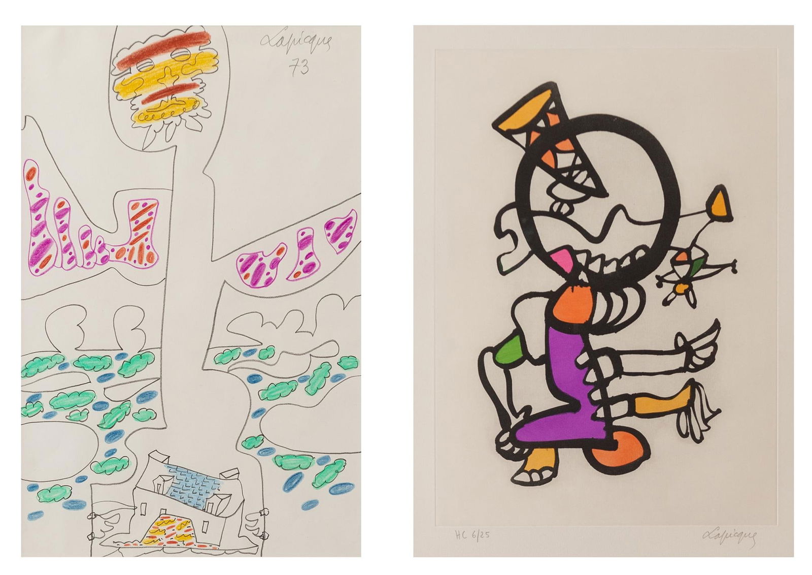 Charles Lapicque: French, 1898-1988 Figure with House, 1973 Signed Lapicque and dated 73 (ur) Pencil and colored pencil on paper 15 3/4 x 10 1/4 inches Together with a color etching, signed and inscribed H.C. 6/25 in p