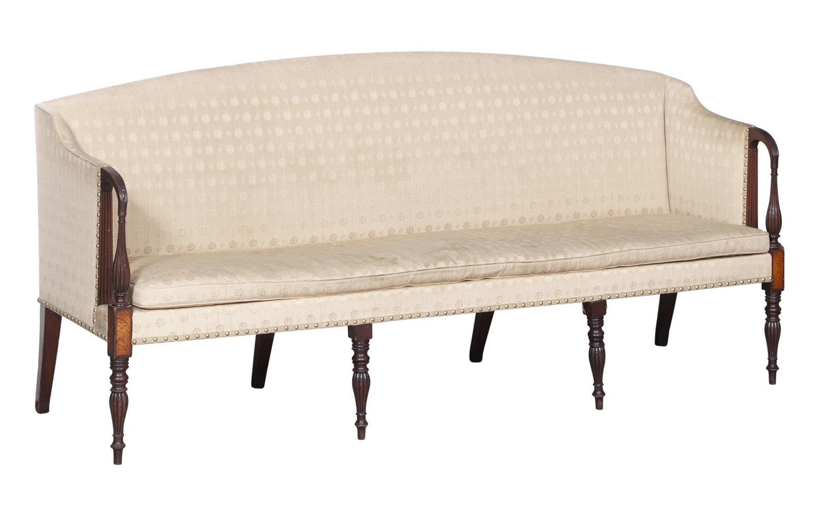 Federal Inlaid Mahogany Sofa: Massachusetts, circa 1810 With slightly arched crest, turned and reeded arm supports, and inlaid paneled dies above swelled reeded legs. Height 37 inches, length 80 inches.