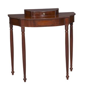 Federal Inlaid Mahogany Dressing Table: Probably Salem, Massachusetts, circa 1810 The small superstructure with elliptical front, square corners and half-serpentine ends houses a short drawer, above a conforming top with vertically reeded e