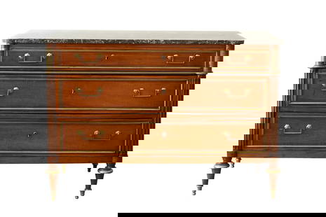 Louis XVI Marble Top Brass Mounted Mahogany Commode: The rectangular top with outset corners above a conforming case. Height 35 inches, width 51 inches, depth 23 1/4 inches.