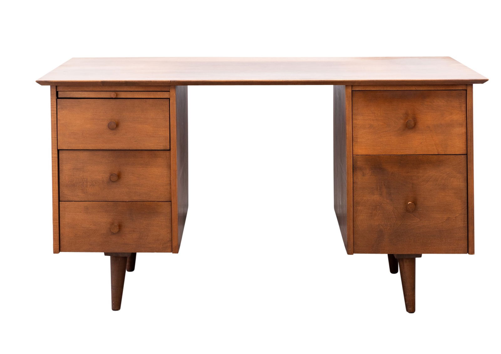 Paul McCobb for Planner Group Maple Desk: With Planner Group label in upper left drawer. Height 29 inches, width 53 1/4 inches, depth 26 1/4 inches.