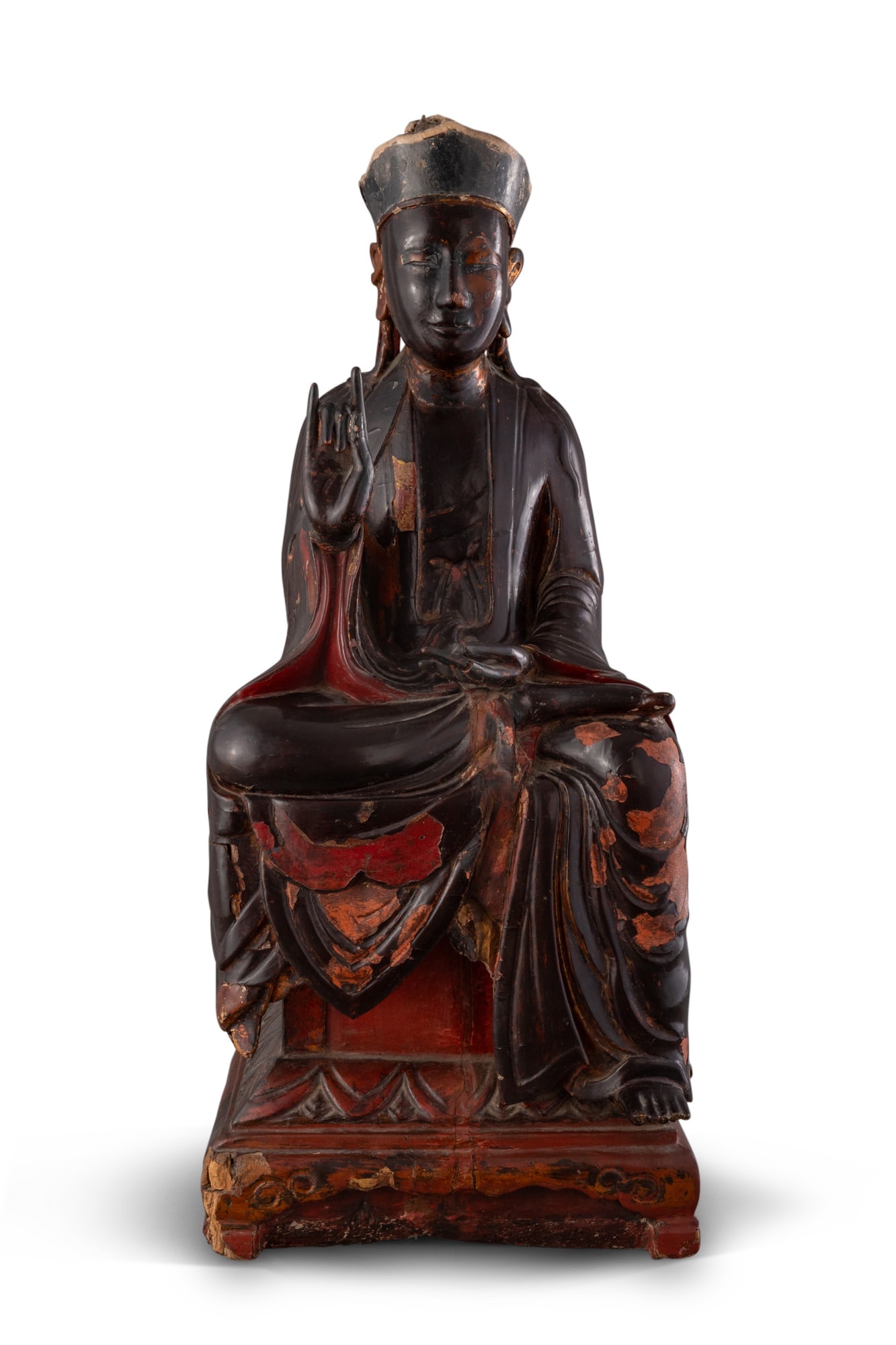 A Provincial Chinese Lacquered and Gilt-Wood Buddhist Figure: Estate / Collection: The Private Collection of Sylvia Napier 19th Century Height 31 inches, width 12 3/4 inches