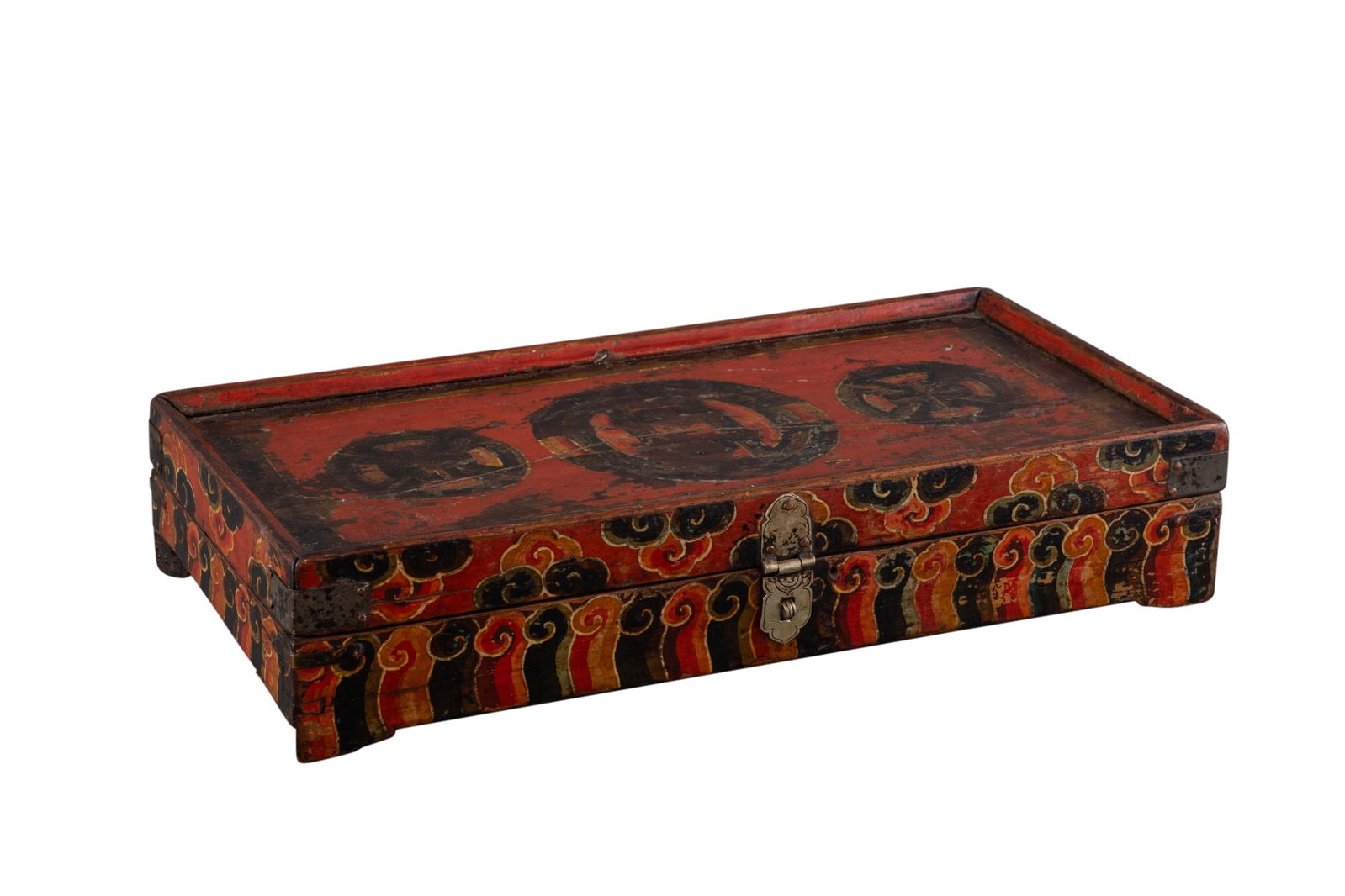 A Southeast Asian Painted Wood Box and Cover: Estate / Collection: The Private Collection of Sylvia Napier with sheet brass hardware and mounts. Height 4 inches, width 19 1/2 inches, depth 9 3/4 inches.