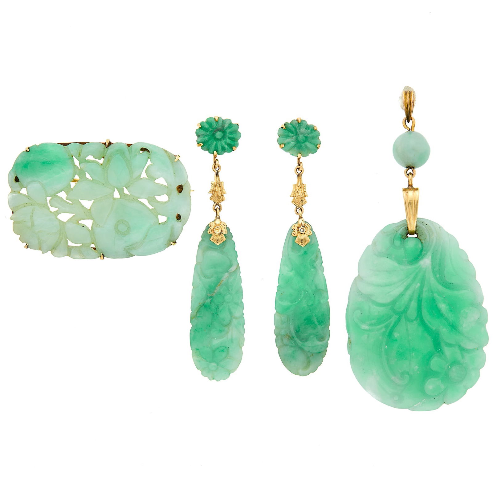 Gold, Low Karat Gold, Carved Jade Pendant, Brooch and Pair of Pendant-Earrings (1 of 1)