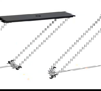 American Warren MacArthur Style Brushed Aluminum and Ebonized Wood Console Table Mid 20th century: The rectangular top on tubular supports with a stretcher. Height 30 inches, width 36 inches, depth 30 inches. Provenance: Christies, Lot 35, October 14, 2014.
