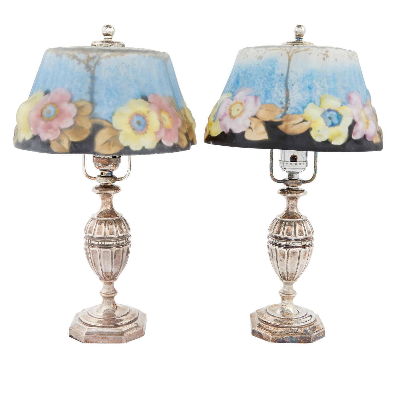 Pair of Silver Plated Hand Reverse-Painted Glass Table Lamps (1 of 3)