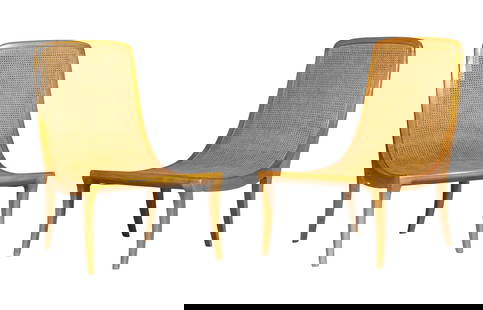 Pair of Caned Birch Lounge Chairs Attributed to Dunbar: Wood frame with integrated sloped form back and seat. Height 33 inches, width 21 1/4 inches, depth 31 inches. Provenance: Eric Appel, New York