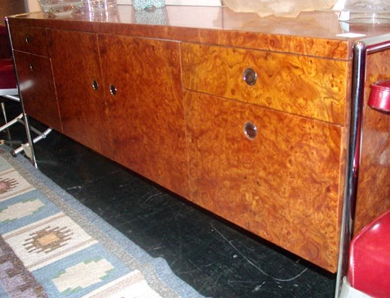 Burl-Walnut and Tubular Chromed Metal Credenza: Burl-Walnut and Tubular Chromed Metal Credenza Designed by Ward Bennett Height 28 1/2 inches, width 6 feet depth 18 inches.