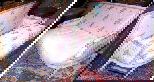 Pair of Louis XVI Style Painted and Upholstered Se: Pair of Louis XVI Style Painted and Upholstered Settees Length 52 inches.