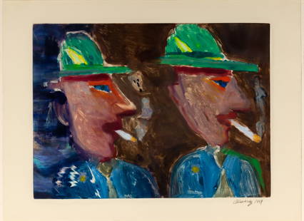 Carlos Almaraz (1941-1989): Estate / Collection: Property from a Prominent Corporate Collection BUSTAMANTE BROTHERS Color monotype, 1989, on Arches paper, signed and dated in brown crayon, with printer's or publisher's blindstam