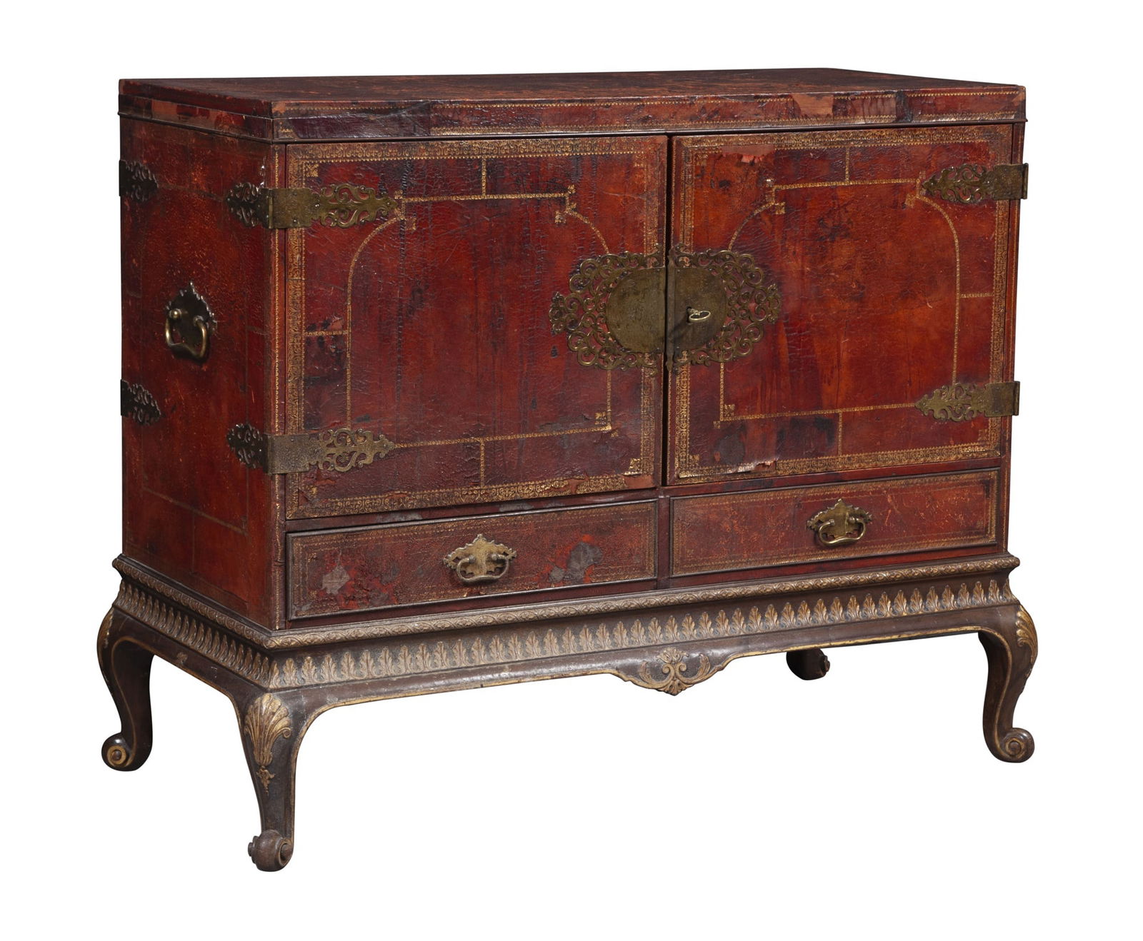 Embossed Leather and Brass-Mounted Cabinet on Walnut and Parcel-Gilt Side Cabinet (1 of 12)